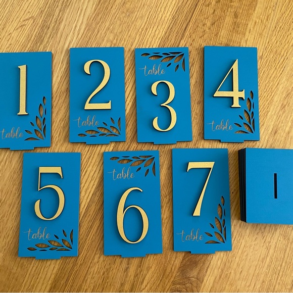 Wooden Table Numbers 1-7 Standing, Handmade, Blue and Gold, for Events/ Weddings - Picture 3 of 9